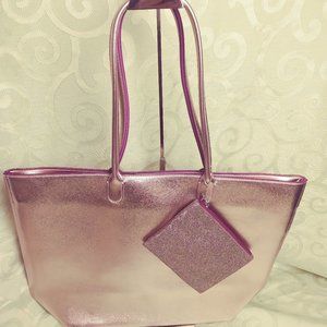 NWT Bath & Body Works Rose Gold Shimmer Tote and Matching Sparkle Cosmetics Bag